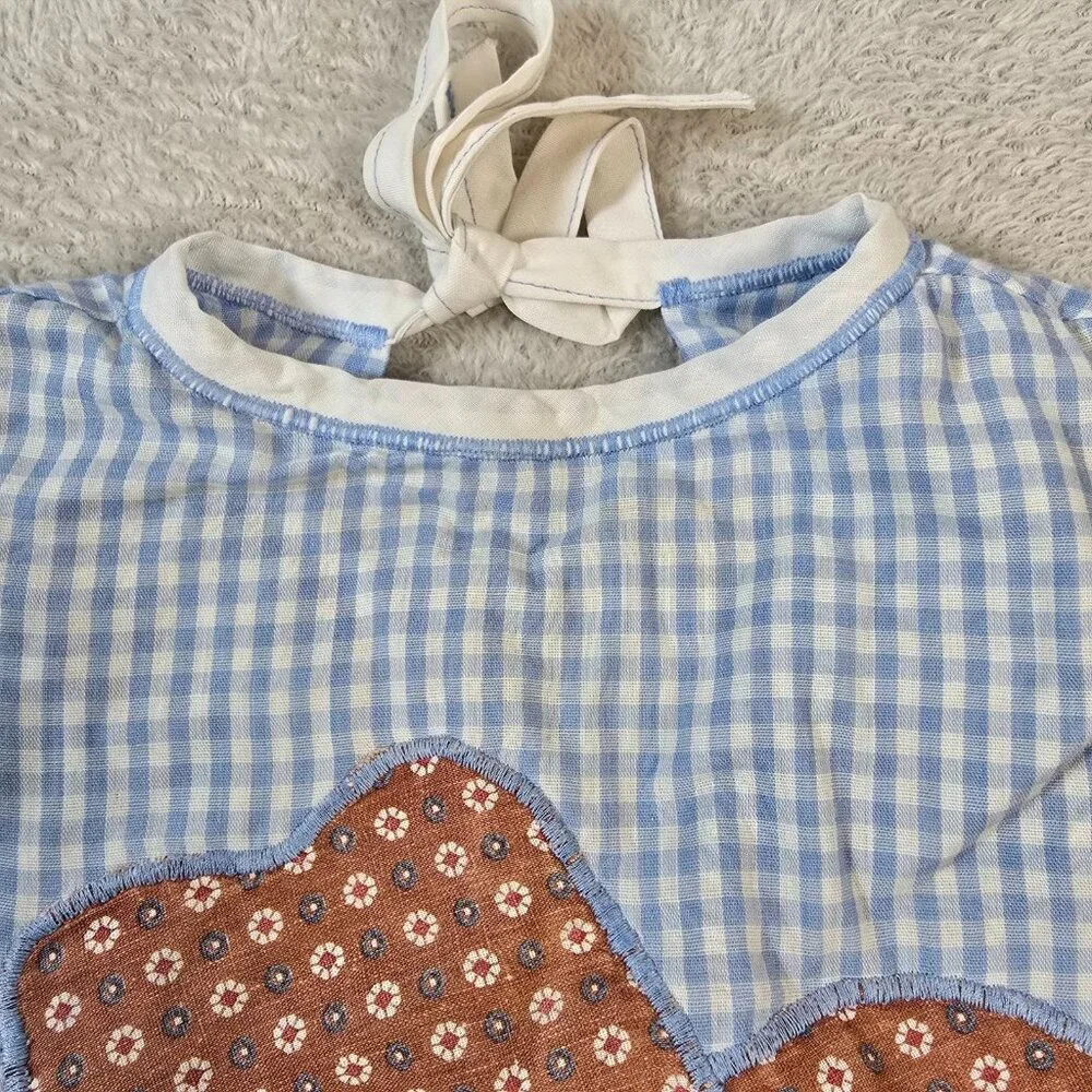 Vintage Baby Bib Blue Gingham Cowboy Hat Applique Pocket Boy Handmade Country